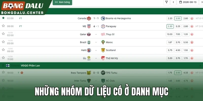 Những nhóm dữ liệu có ở danh mục